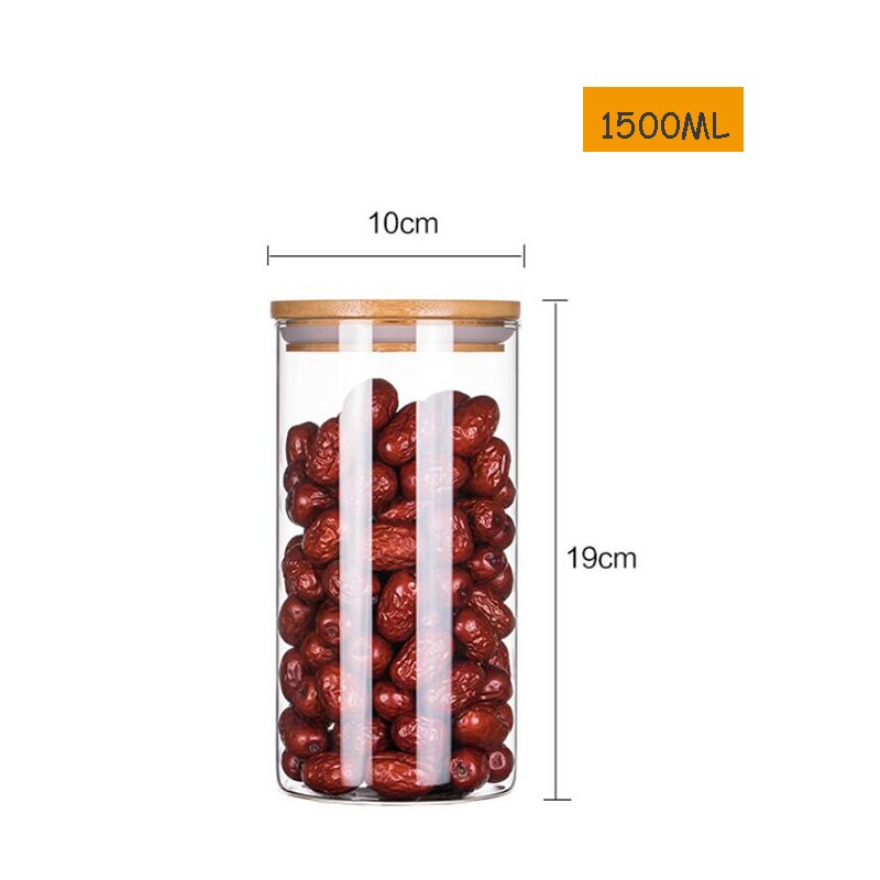 Lufttæt glas opbevaringsglas med bambus låg opbevaring pasta blomst te krydderier snack forseglet glasbeholder krukker til køkken: 1500ml