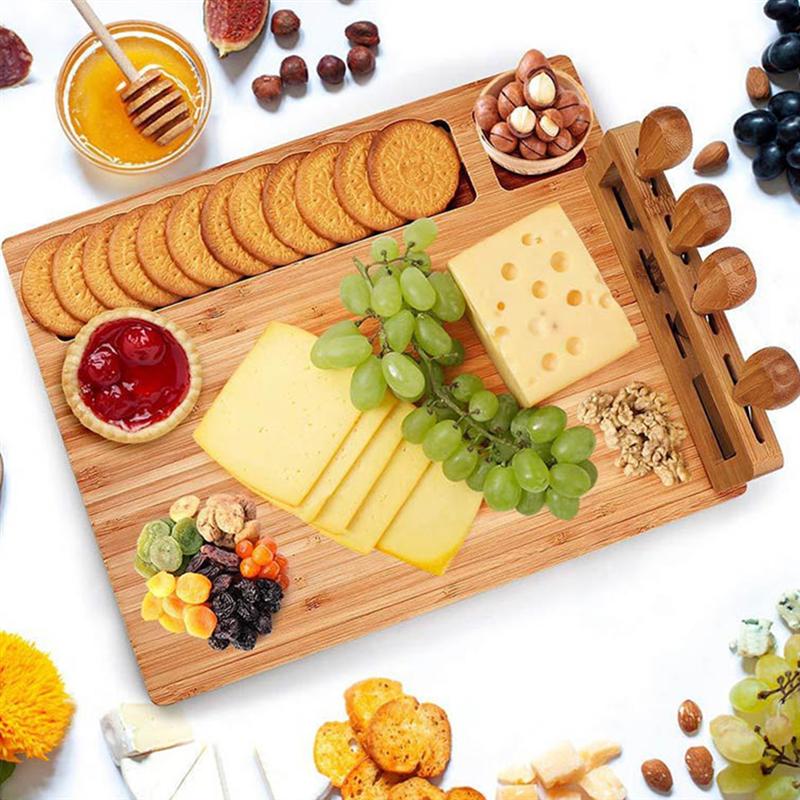 Tabla de bambú para queso, tabla de corte de madera con cuchillos de acero inoxidable, rebanador de queso, cuchara de horquilla, cortador, herramientas de cocina