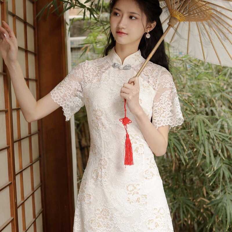 Kant Cheongsam Jong Zomer Meisje Elegante Gewijzigde Taille Lange Jurk