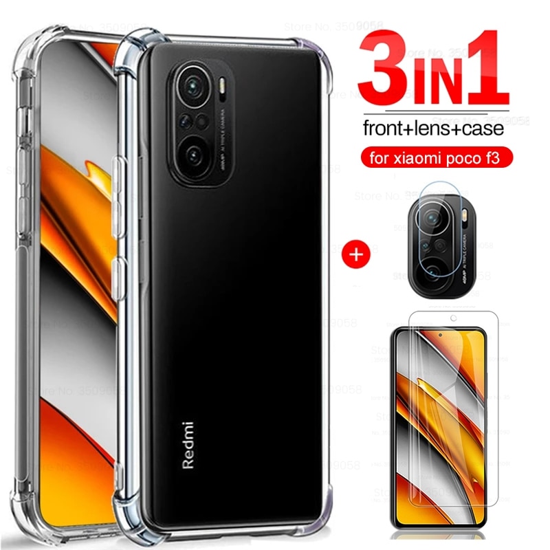 Funda de silicona transparente a prueba de golpes para poco f3, cristal templado, pocof3, poxo, poco f 3, 3f, protección para el lente de la cámara: 3in1 case front lens