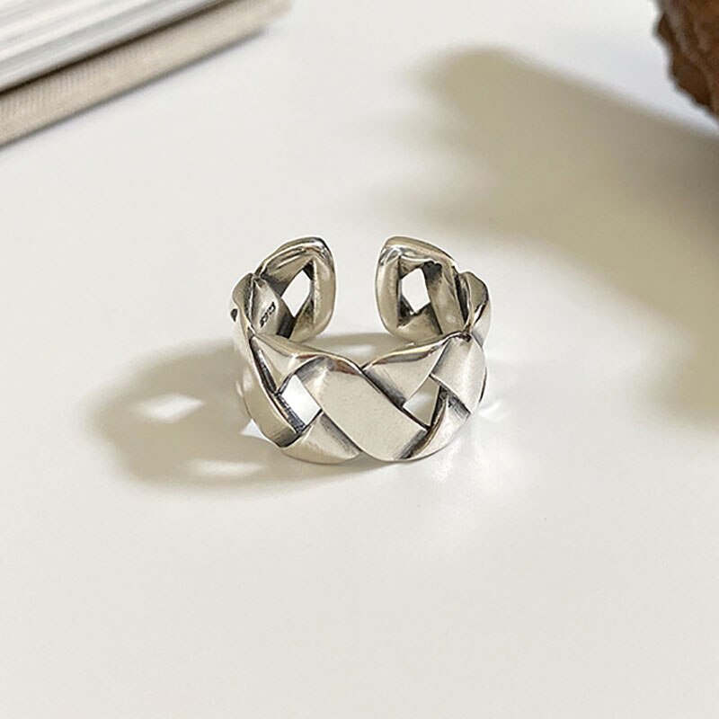 Foxanry INS 925 Sterling Silver Party Rings for Women Vintage Weaving Geometric Handmade Punk Hiphop Party Jewelry