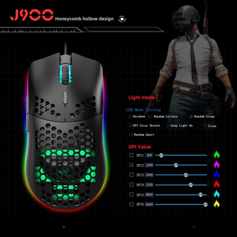 HXSJ-ratón con cable USB J900 para Gaming, Mouse con luz RGB, seis DPI ajustables, ergonómico hueco