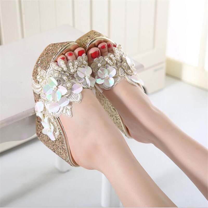 Zpxhsm zomer damesschoenen slippers zoete kralen bloemen hoge hakken mooie strass pumps casual schoenen  y191
