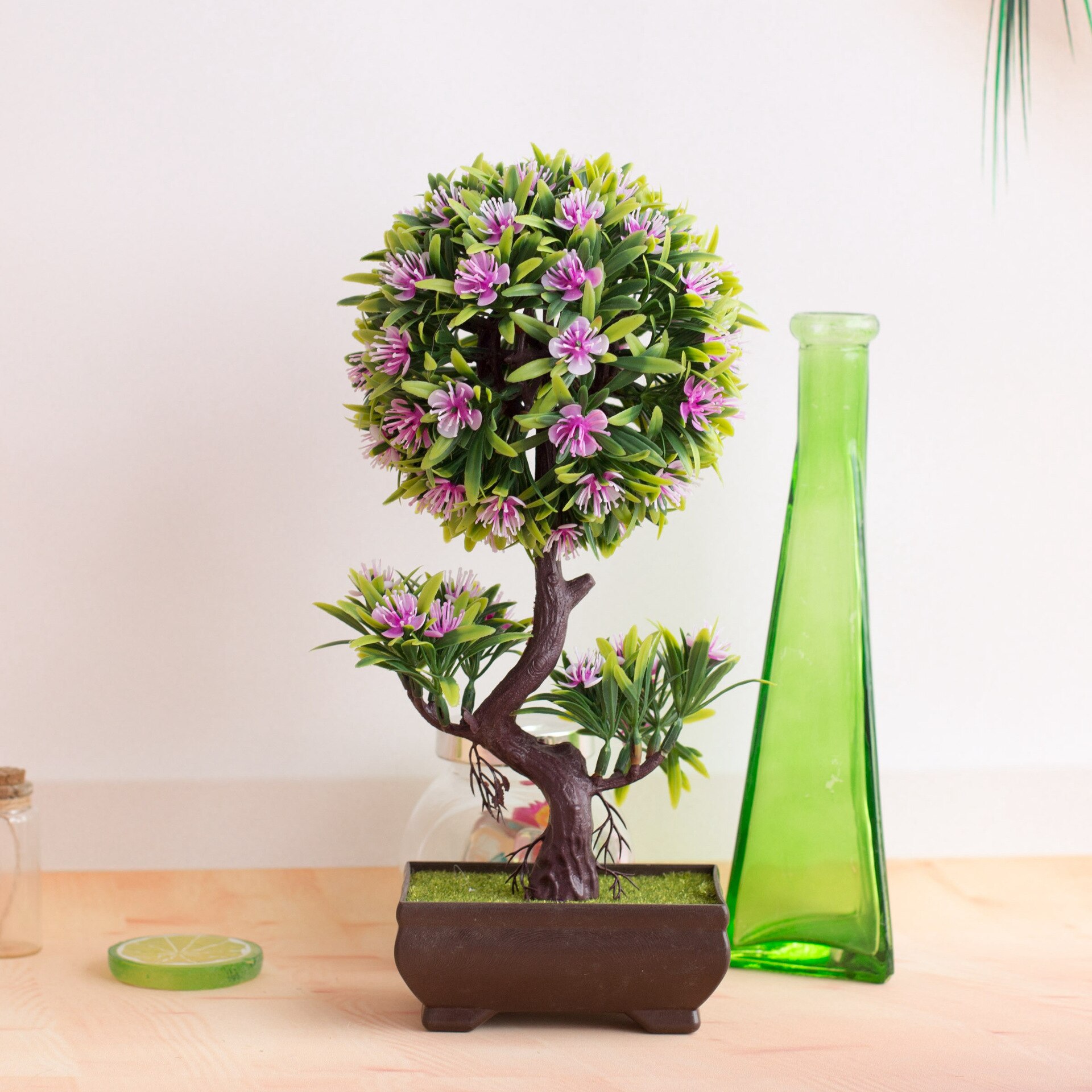 Árbol de flores de ciruelo en forma de S, bonsái Artificial, simulación de plástico, maceta pequeña, plantas, flores, mesa de hogar, decoración de jardín, 1 ud.