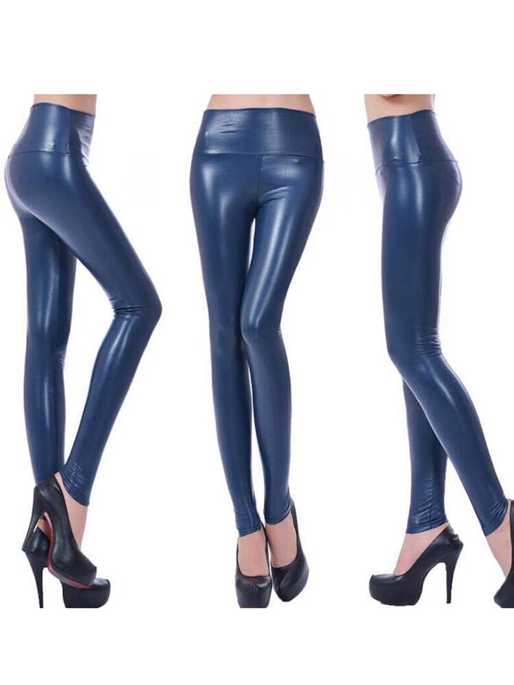 Cuhakci imiteret læder leggings kvinder sommer sexede bukser sorte slanke højtaljede skinnende blyantbukser: L / Marine blå