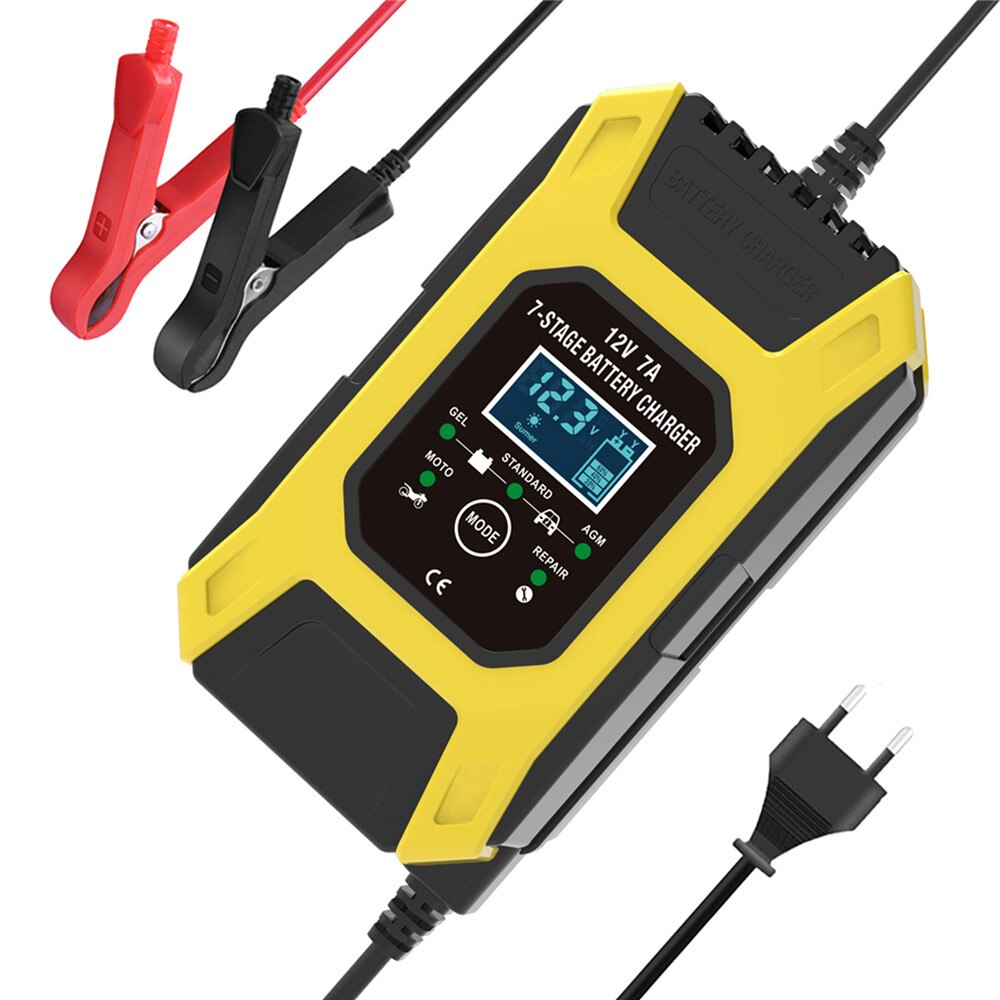 12V 7A Pulse Battery Charger Digital LCD Display Motorcycle Car Battery Charger AGM GEL WET Lead Acid Smart Fast Battery Charger: EU  plug
