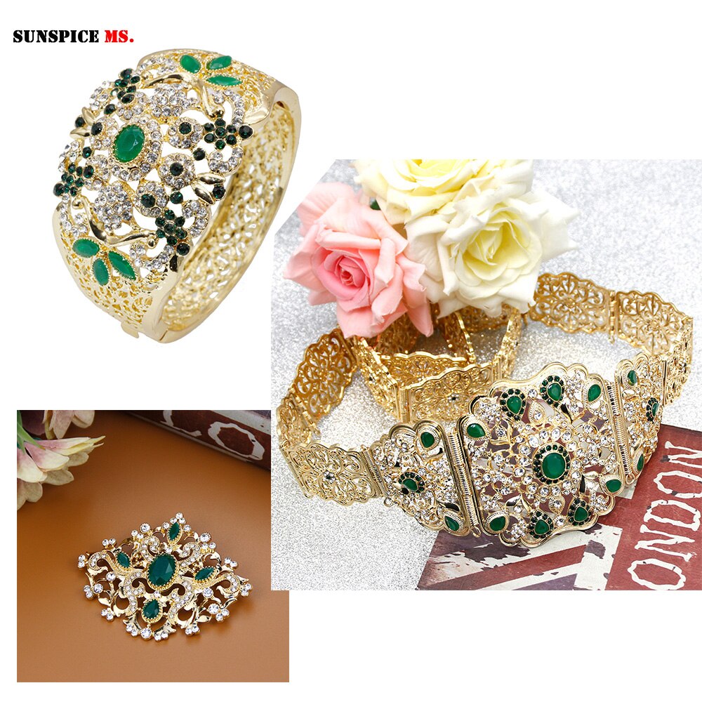 Sunspicems – ensemble de bracelets pour femmes, nouvelle ceinture Caftan couleur or, broche, Bijoux de mariage marocain algérien, cristal Dibai: 1290SETgreen