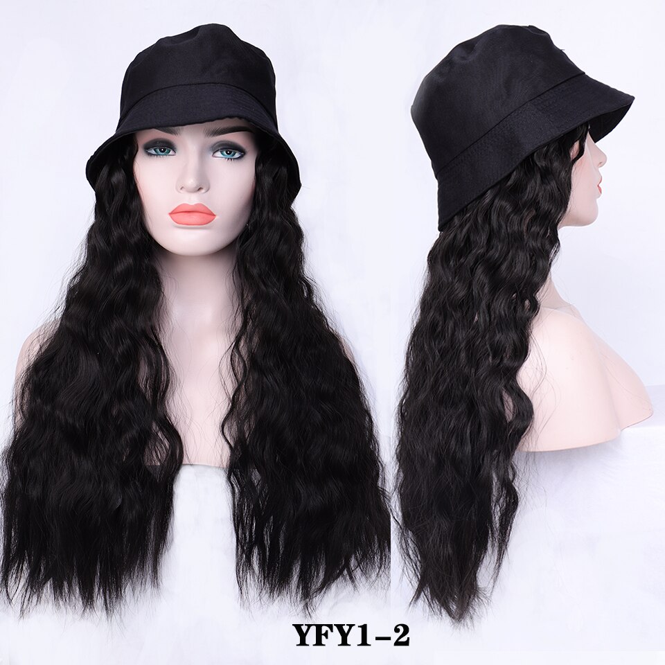 Perruque synthétique longue avec cheveux ondulés/lisses et chapeau bob noir avec extension capillaire: T27/30/4
