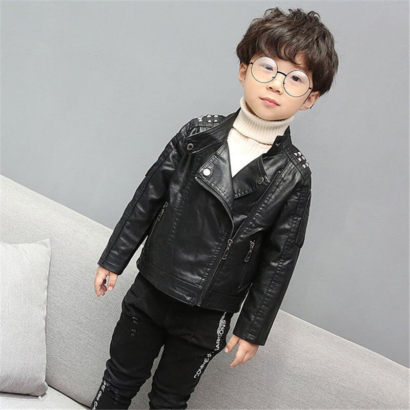 Jongens PU Jas Kinderen Lente Herfst Mode Jas Metalen Klinknagel Decoratie Stand Kraag Winddicht Warm Jongens Jas Jas Kids Top