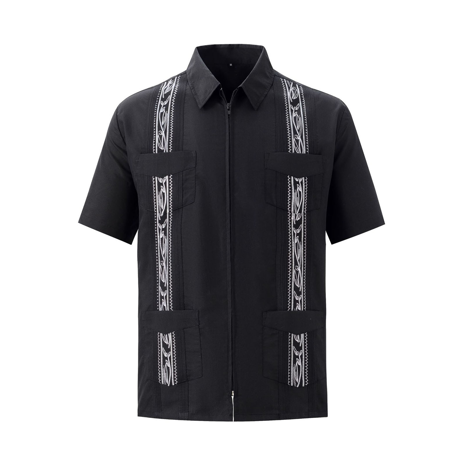 Chemises Guayabera pour hommes, vêtements à fermeture éclair, chemises traditionnelles brodées à quatre poches, chemises cubaines mexicaines: XXL / Black