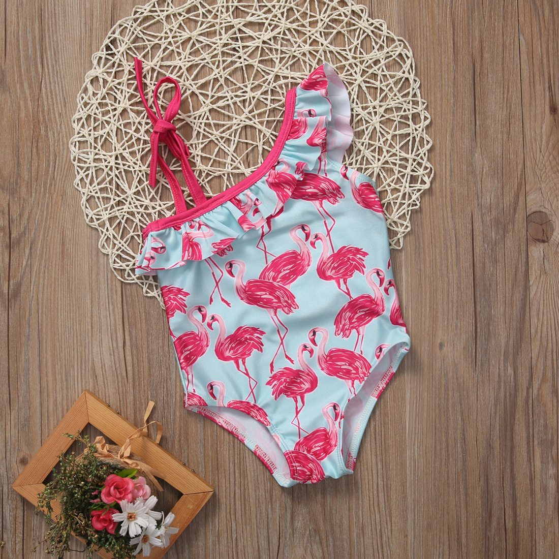 Ruches Een Schouder Kinderen Meisje Badmode Flamingo Print Een Stuk Badmode Voor Peuter Baby Meisje Kinderen Badpak