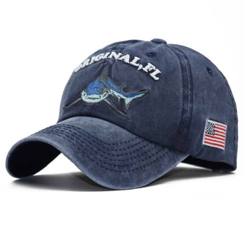 Broderi vasket bomullshai pappahatt for menn vintage baseballcap hip hop buet fiskehette sommerfisk snapback kvinnershatt: Marineblå