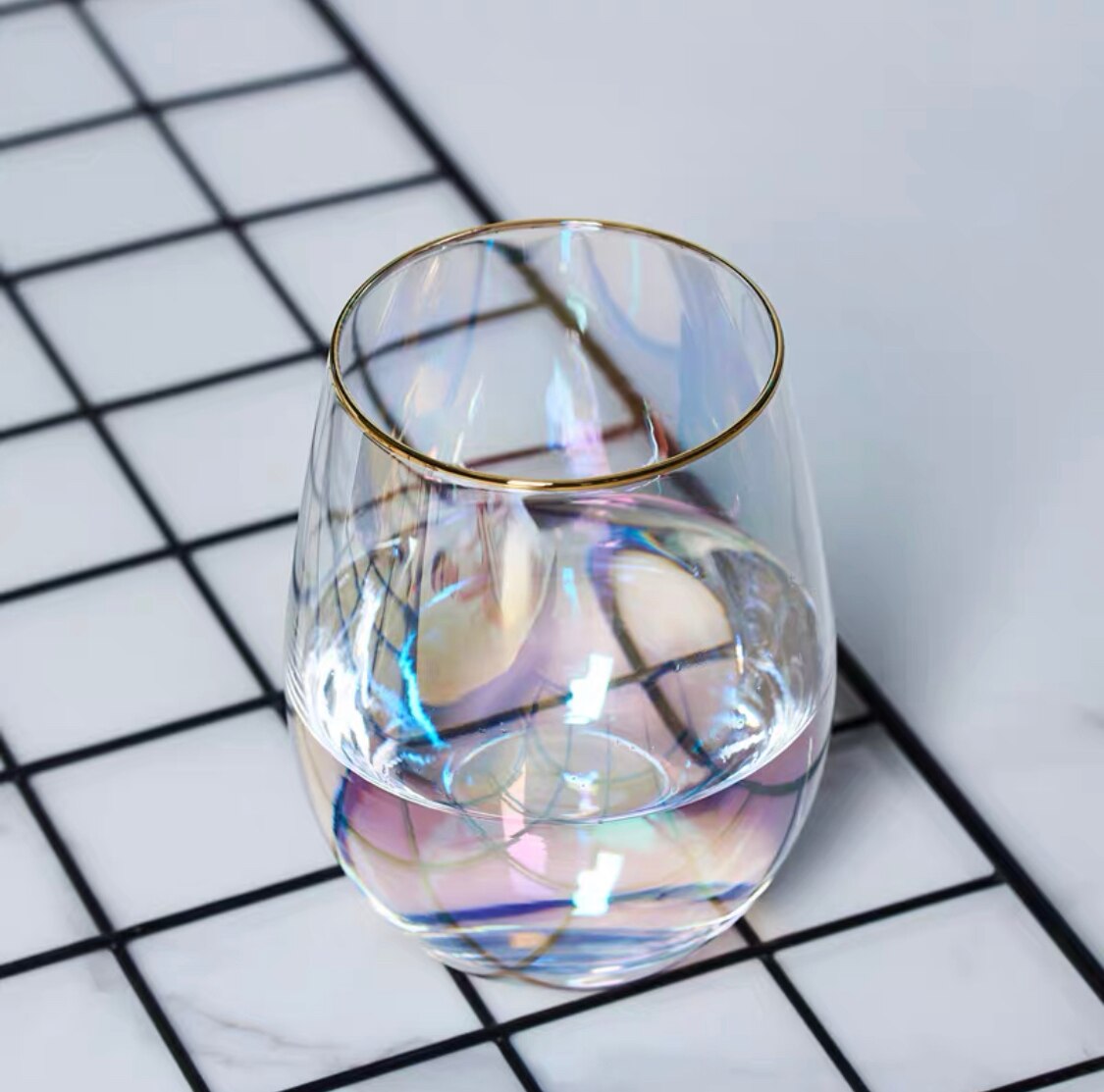 Rainbow glass color starry sky cup coffee cup milk glass home office shop transparent round pot-bellied crystal cup: Purple