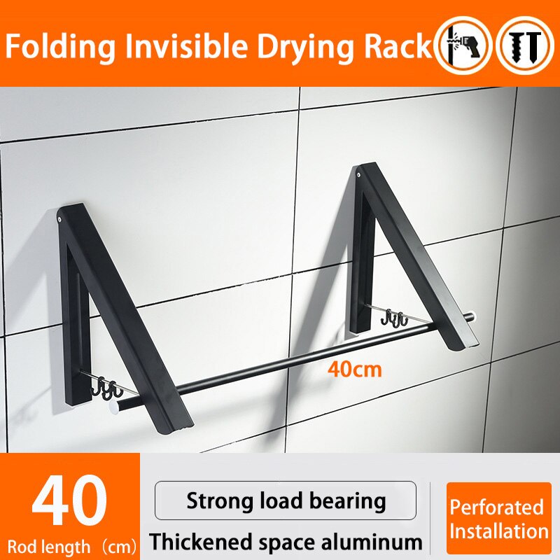 Colgador de ropa de pared portátil, tendedero plegable para exterior, telescópico para ropa, caballo, tendedero, balcón, gancho, varillas de riel: nailing Black 40cm