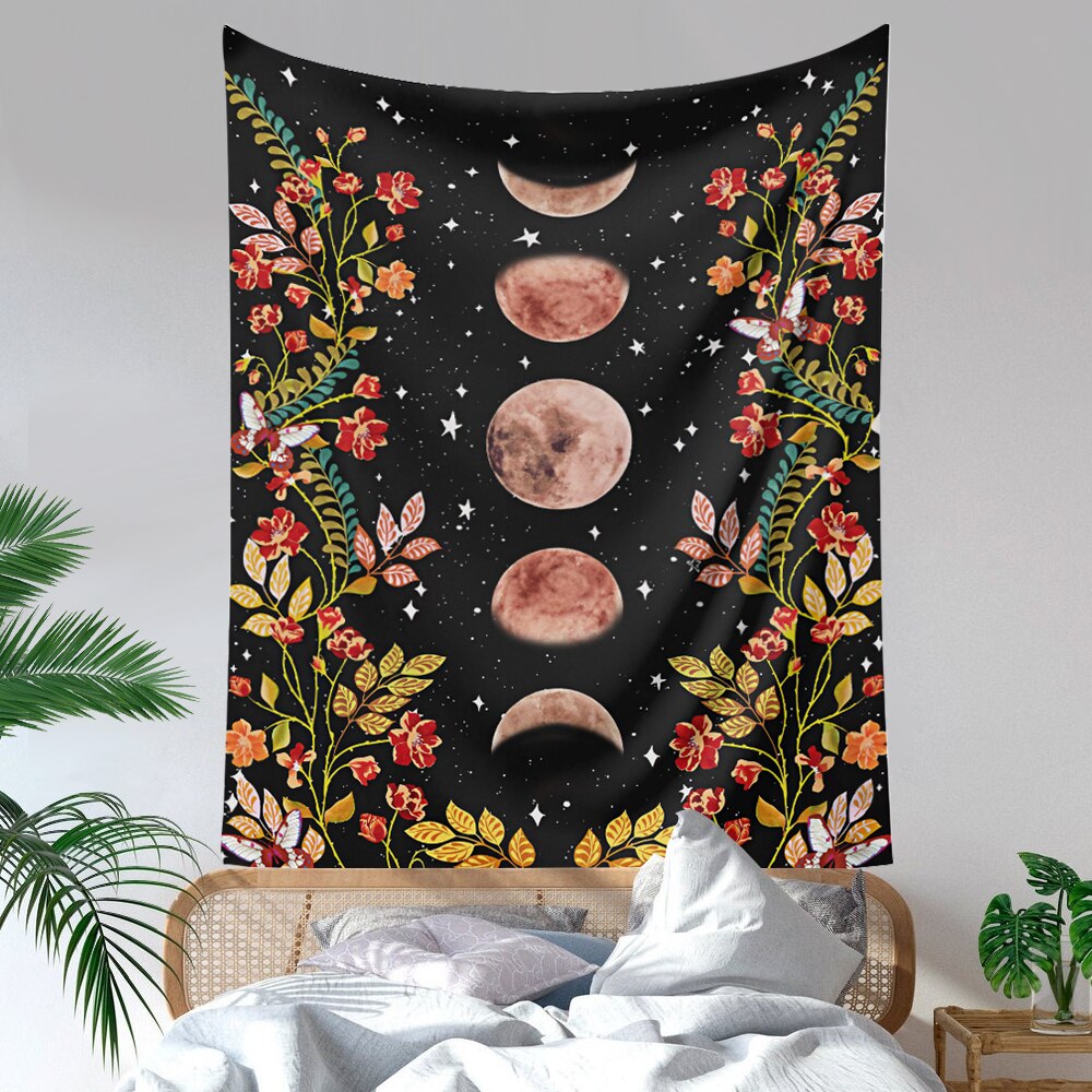 Moon Phase Tapestry Wall Hanging Flowers Moon Black and White Wall Art Tapestry for Bedroom Living Room Dorm Home Decor