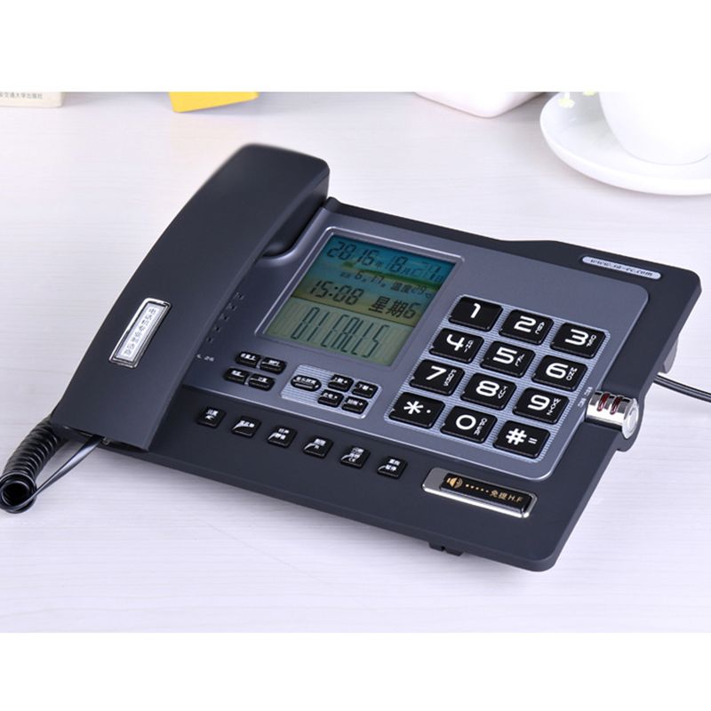 Kontorstelefon med telefonsamtal med uppringnings-id / samtal väntar, högtalartelefon, svartlista, miniräknare med dubbla gränssnitt och väckarklocka