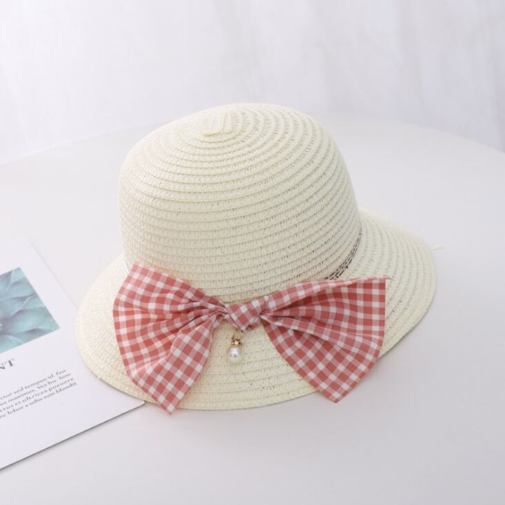 Zomer Kind Prinses Leuke Cartoon Stro Hoed Met Handtassen Tassen 2 Stuks Een Set Kids Meisje Baby Boog Plaid panama Zonnehoed: Hat  white