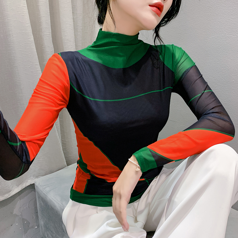 S -4xl dame efterår vinter langærmet turtleneck mesh t-shirts dame positionering print t-shirt top  ff0851