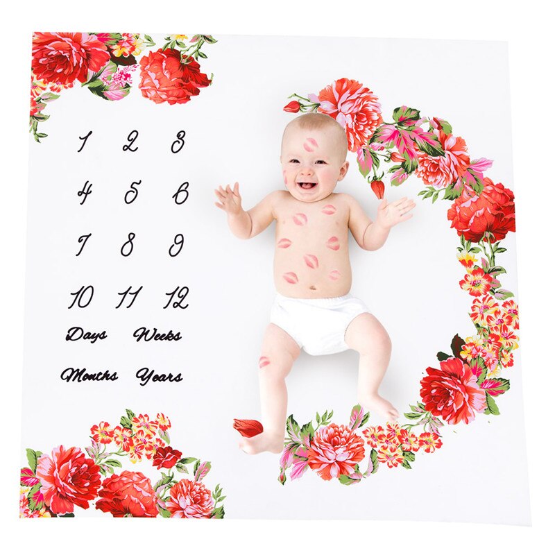 Newborn Baby Infants Milestone Blanket Mat Photography Prop Monthly Growth Floral Cartoon Print: 5