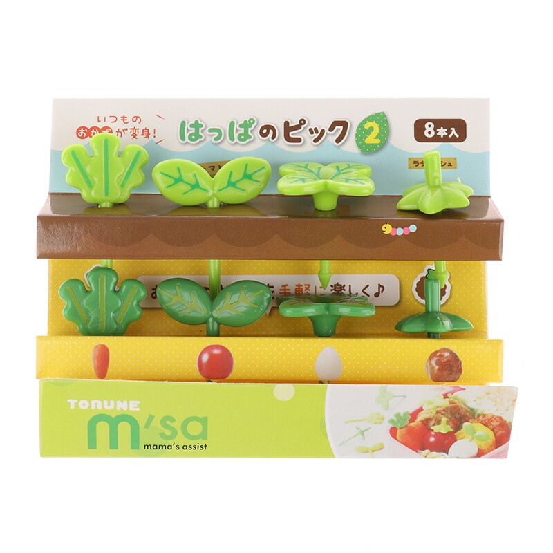 Fiambrera de decoración de plástico con hojas para niños, palillo de dientes, tenedor pequeño para ensalada, Mini palillos para pastel, 8 Uds.