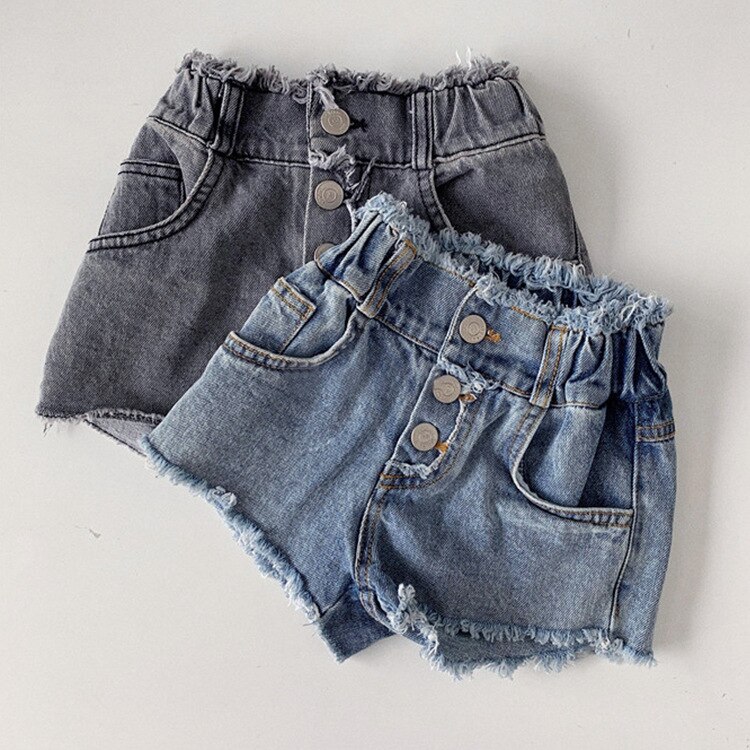 Children's summer style shorts for girls, small high-waisted, washed frayed micro-elastic denim shorts