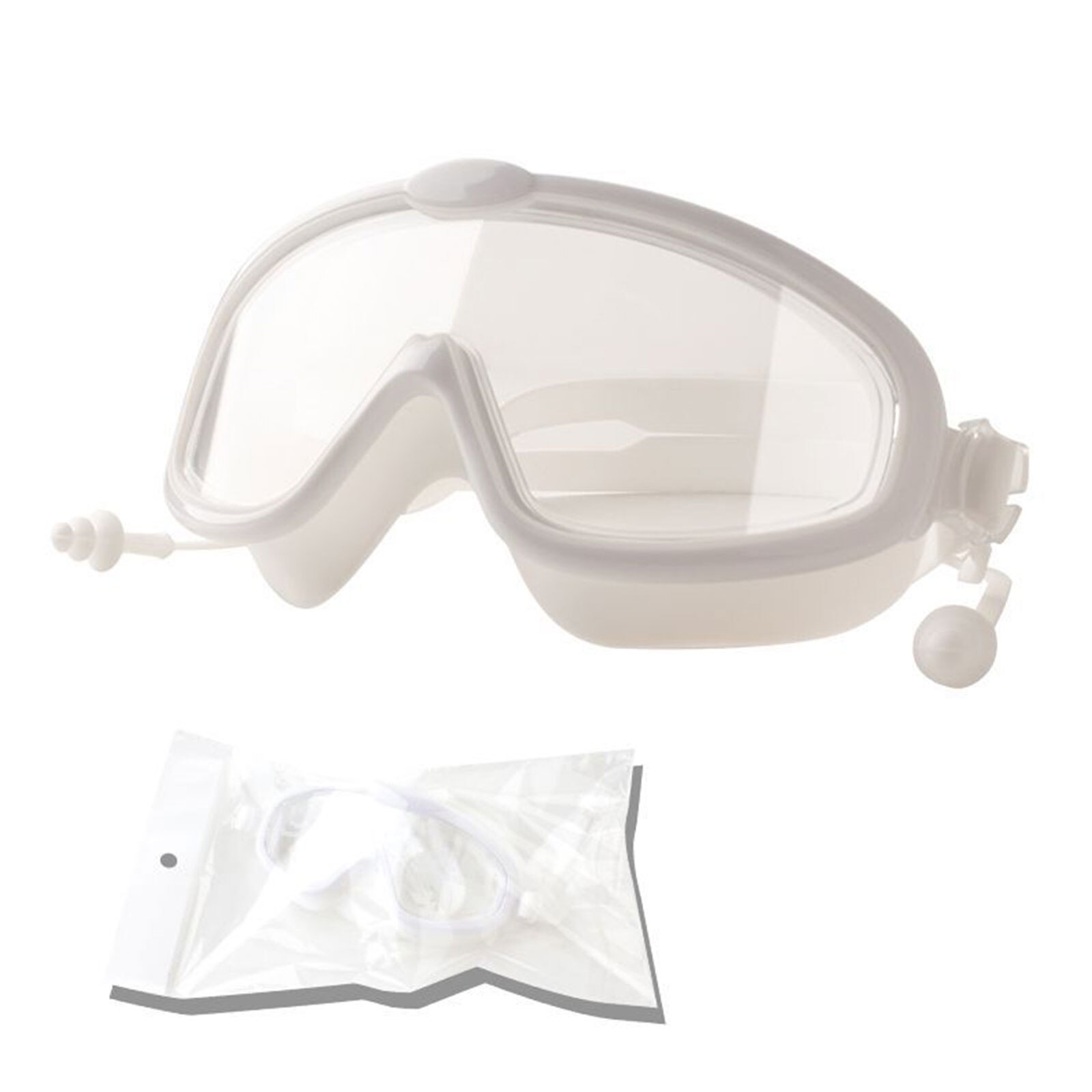 Children's Swimming Glasses Practical PC Lens Ultra-Wide View Antifog Silicone Mirror Goggles Adjustable Conjoined Earplugs: white