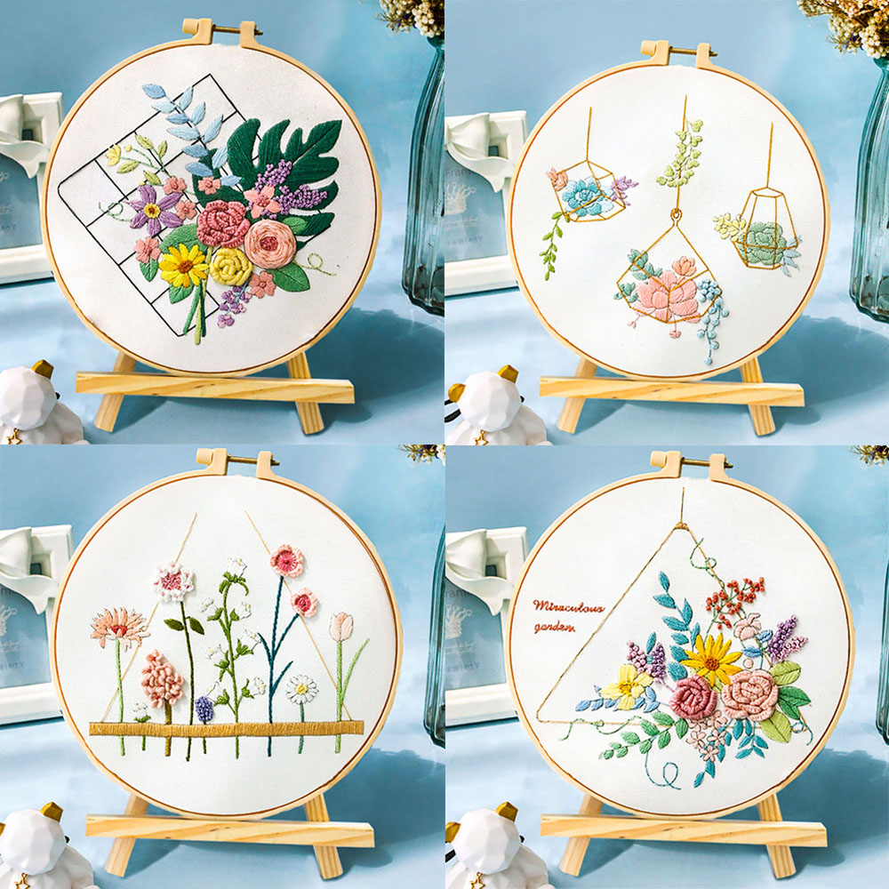 Kit de punto de cruz estampado, bordado de flores, planta, conjunto para principiantes todo incluido para adultos, arte de relajación, artesanía, aro de de cumpleaños