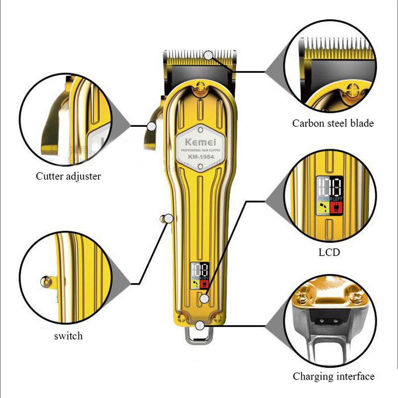 Kemei Verstelbare Carbon Stalen Mes Elektrische Tondeuse Alle Metalen Mannen Elektrische Draadloze Tondeuse Gold Kapsel Machine Kemei 1984 and kemei 1977