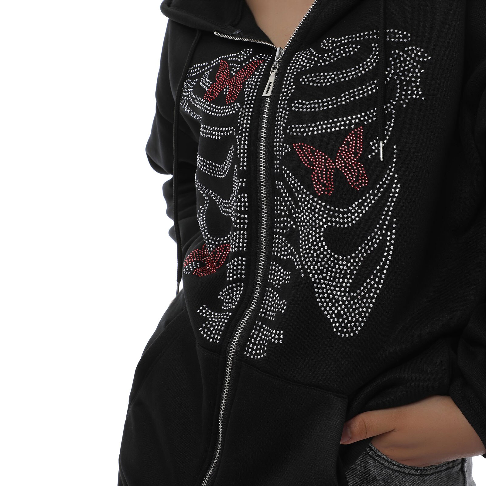 Vrouwen Ennis Jassen Lange Mouw Vest Mode Strass Vlinder Schedel Hip-Hop Straat Print Rits Sweatshirt M/L/Xl