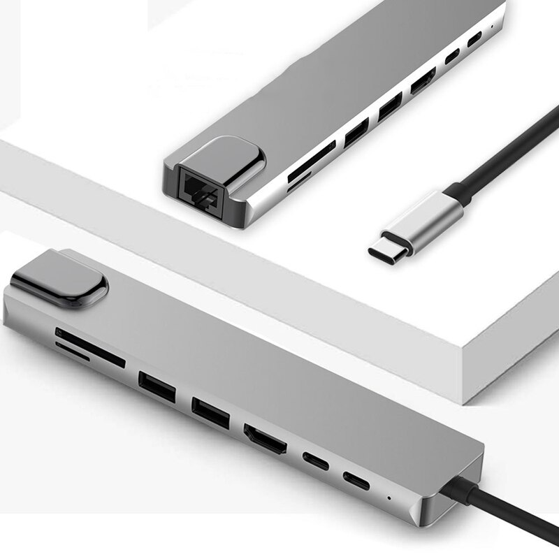 8 in 1 usb 3.0 höghastighetsportar typ-c hub usb-c  to 4k 30hz hd laptop  rj45 gigabit ethernet nätverk pd hub