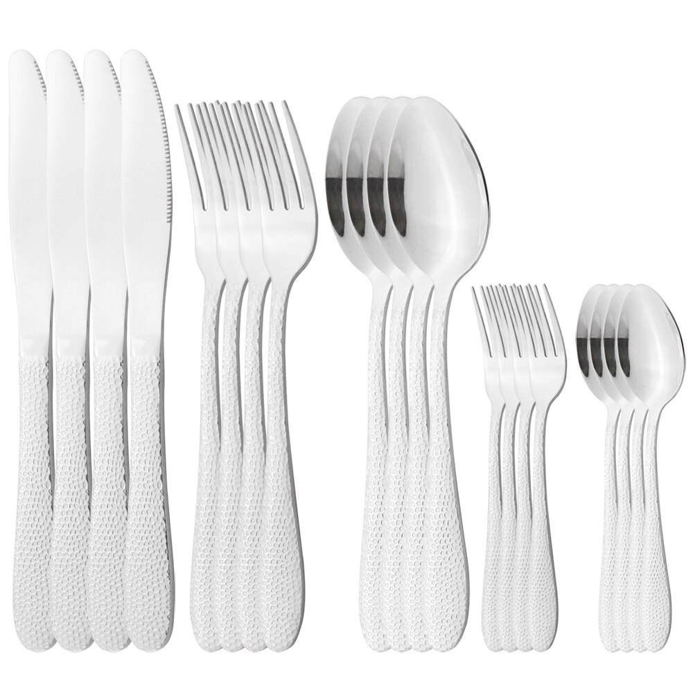 20Pcs Blue Flatware Dinnerware Set Knives Dessert Forks Spoons Cutlery Set Stainless Steel Tableware Home Kitchen Silverware Set: Silver