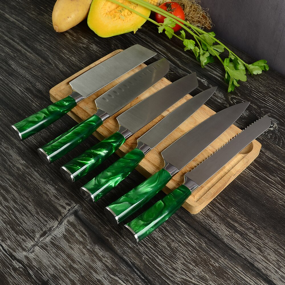 XYj-Juego de cuchillos de cocina de acero inoxidable, juego de cuchillos con Mango Verde de 8 pulgadas, Santoku, cortador de pan de Chef, rebanador chino 3CR13
