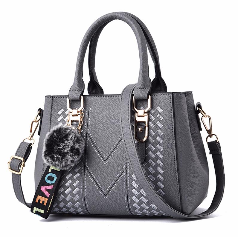 Colgante de bola de piel de ACELURE, bolsos de mensajero bordados de cuero negro PU sólido, bolsos elegantes para mujer, bolsos de mano para mujer, bolsos de compras para fiestas: Grey