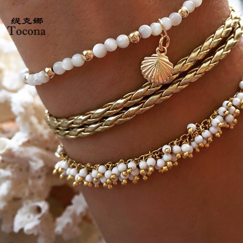 Tocona – 3 Bracelets de cheville en perles blanches pour femmes, en or, en coquillage, en corde, pieds nus, sandales, bijoux d&#39;été, 8408