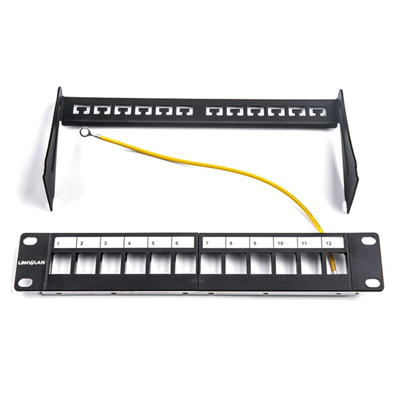 10-Inch 12-Port Blank Patch Panel Rack Installation Including Cable Management Support Rods for Cat.5E/Cat6 RJ45 Modules