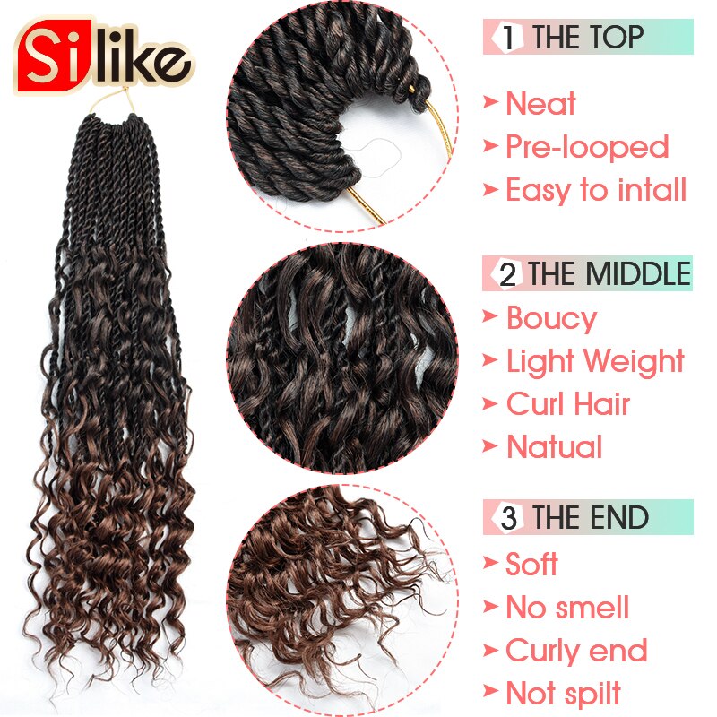 Trenzas de ganchillo senegalés de 18 pulgadas, trenzas desordenadas con extremos curvos, extensión de cabello trenzado de ganchillo sintético para mujeres negras