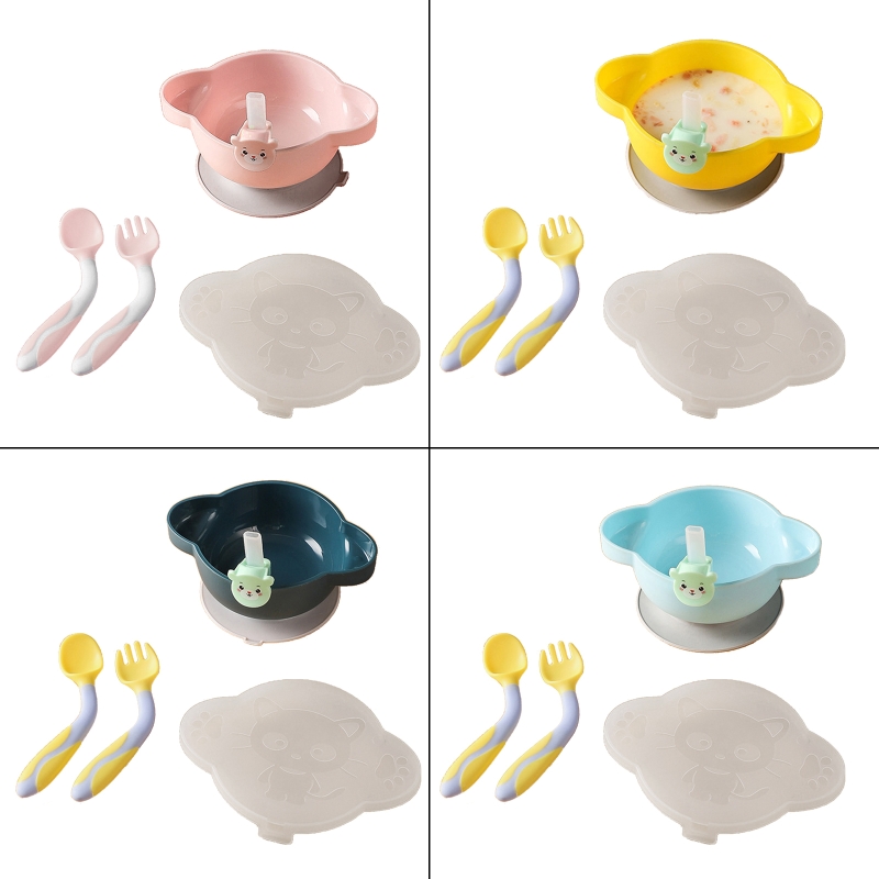 Assiette à dîner pour bébé, bol à ventouse avec cuillère à paille, ensemble de fourchettes, plats antidérapants à succion, formation, vaisselle d&#39;alimentation pour tout-petits