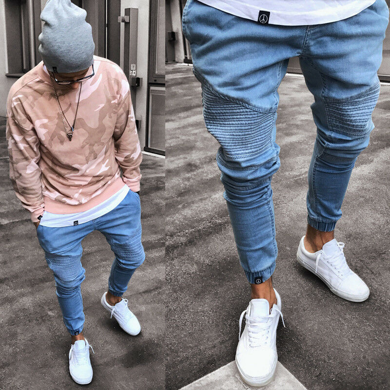 hommes déchiré jean moulant détruit effiloché mince coupe ajustée Stretch Denim pantalon fermeture éclair détruit effiloché jean mince Denim: S