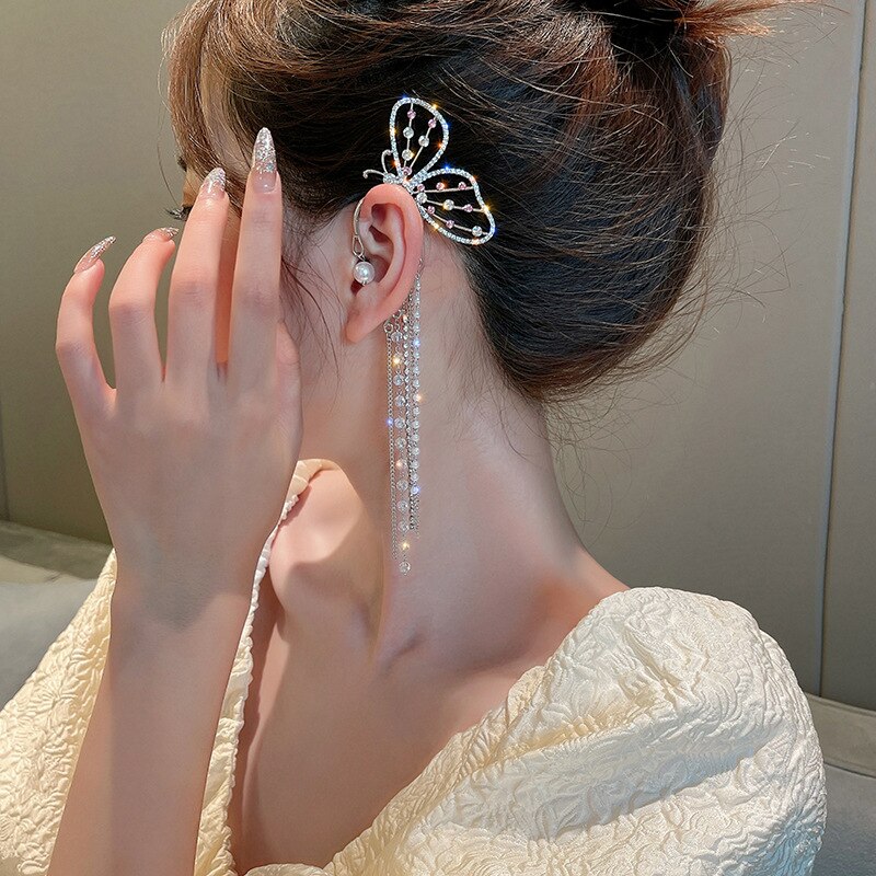 Japanse Koreaanse Mode Oor Clip Vrouwen Earring Ongebruikelijke Zoete Vlinder Parel Crystal Kwasten Chain Dangle Oorbellen