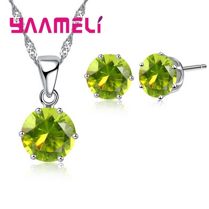 925 Sterling Zilveren Bruids Bruiloft Sieraden Sets Voor Vrouwen Engagement Crystal Hanger Ketting Oorbellen Set: green 1