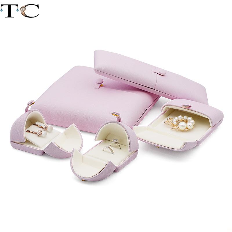 Pink Leather Snap Button Double-Sided Opening Jewelry Packaging Box Proposal Double Ring Box Pearl Necklace Collection Box