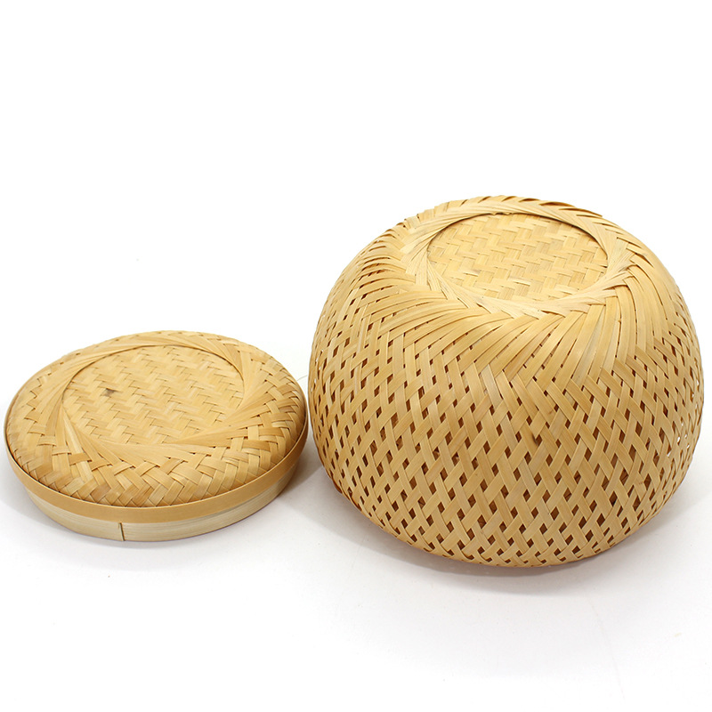 Hand Weaving Tubular Small Bamboo Basket Bamboo Snack Can with Cover Tea Egg Storage Woven Basket Bamboo Crafts