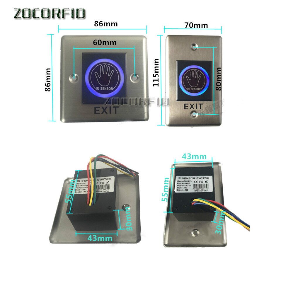 86X86mm Stainless steel Metal door Release button IR Contactless No touch Infrared exit button