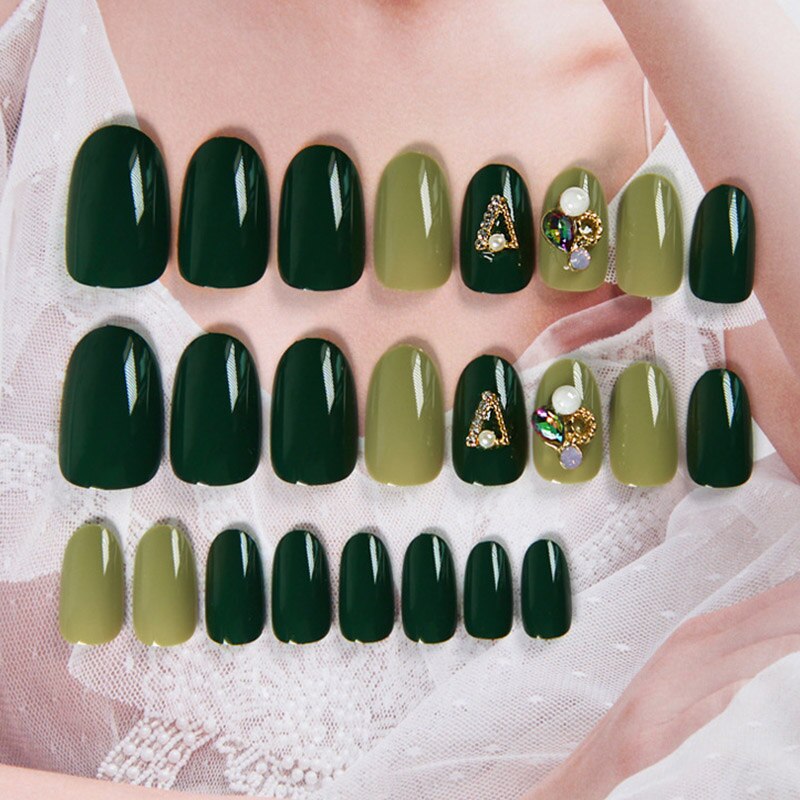 Volledige Cover Afneembare Groene Jump Kleur Valse Nail 3D Shining Strass Klinknagel Beauty Nail Art Tip Met Lijm Elegent Stijl nagels