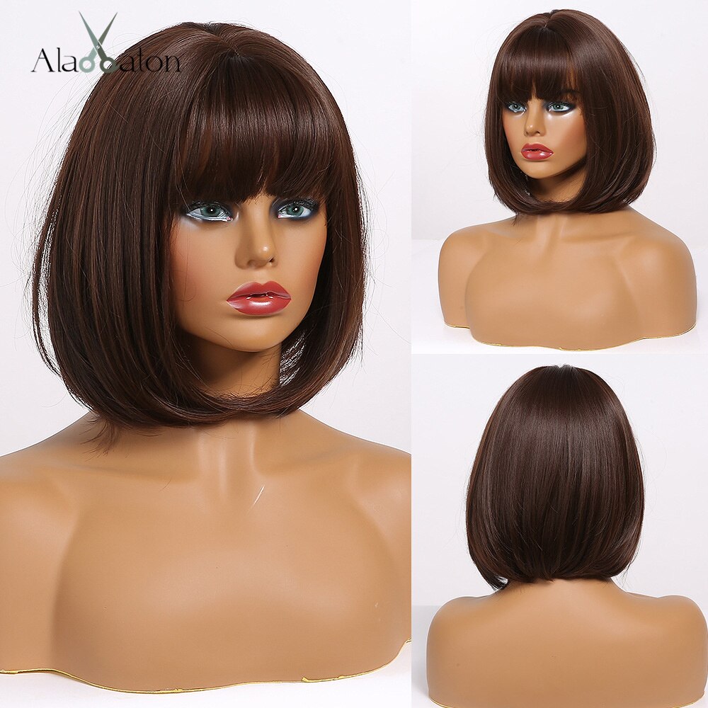 ALAN EATON Short Straight Ombre Black Brown Synthetic Wigs with Bangs for Women Bob Wig Heat Resistant Lolita Cosplay wig 12inc: ss155-1