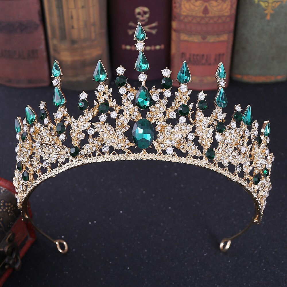 Tiara de cabelo para noiva, tiara de cristal de bronze retrô barroca para noiva, coroa, strass paga, diadema, tiara de véu para casamento, acessórios de cabelo: Gold Green