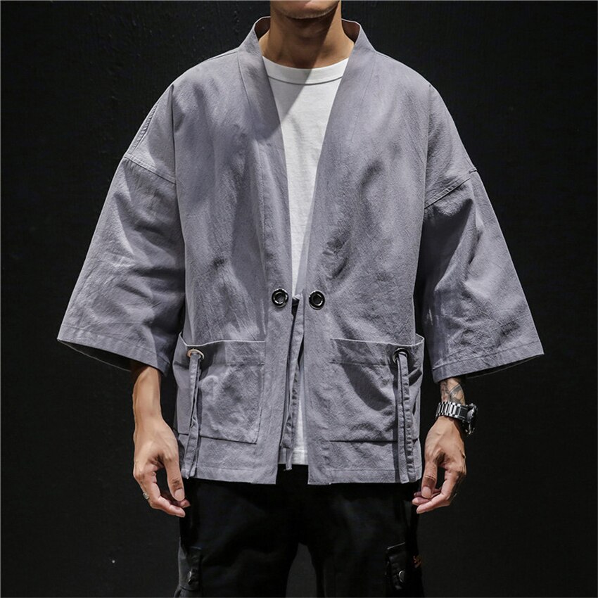 Japanse Mode Kimono Vest Traditionele Linnen Shirts Mannen Basic Effen Kleur Samurai Kostuum Mannelijke Streetwear Yukata Haori