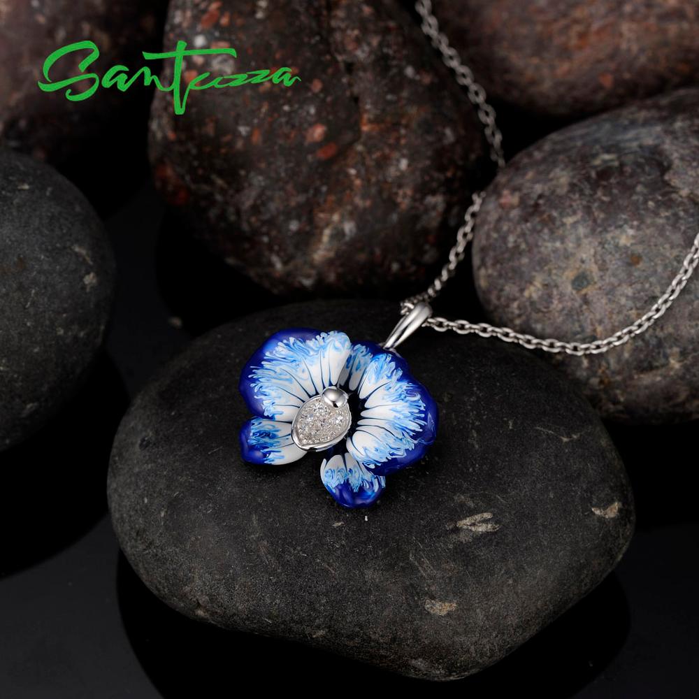 SANTUZZA flor azul anillo de plata de la joyería pendientes colgante conjunto para mujer Plata de Ley 925 de Chic, joyería hecha a mano, esmalte