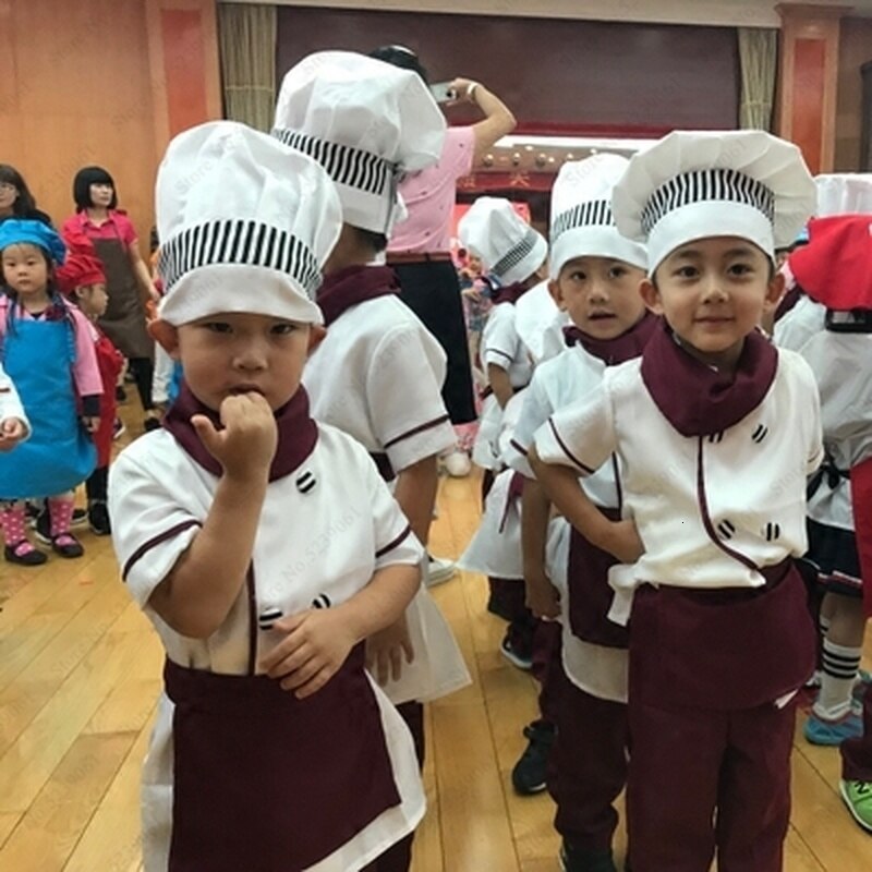 Halloween Kids Chef Jackets Catering Baking Uniforms Food Service Children Kitchen Restaurant Waiter Cook Hat Role Play Costumes