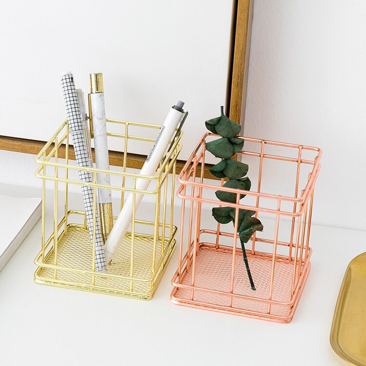 Ins skrivebord papirvarer indretning jern guld rose guld penneholder metal skrivebord organizer sød stempel pen holder kontor skrivebord tilbehør